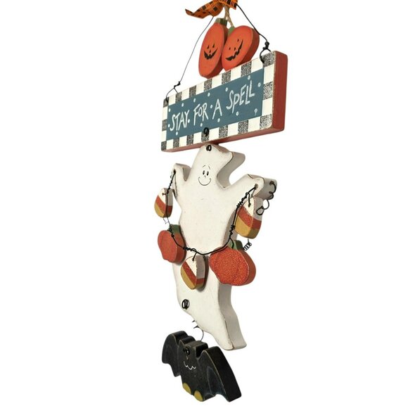 Vintage Halloween Sign Stay For A Spell Wood Ghost Pumpkins Bat Country Folk Art - Picture 2 of 7